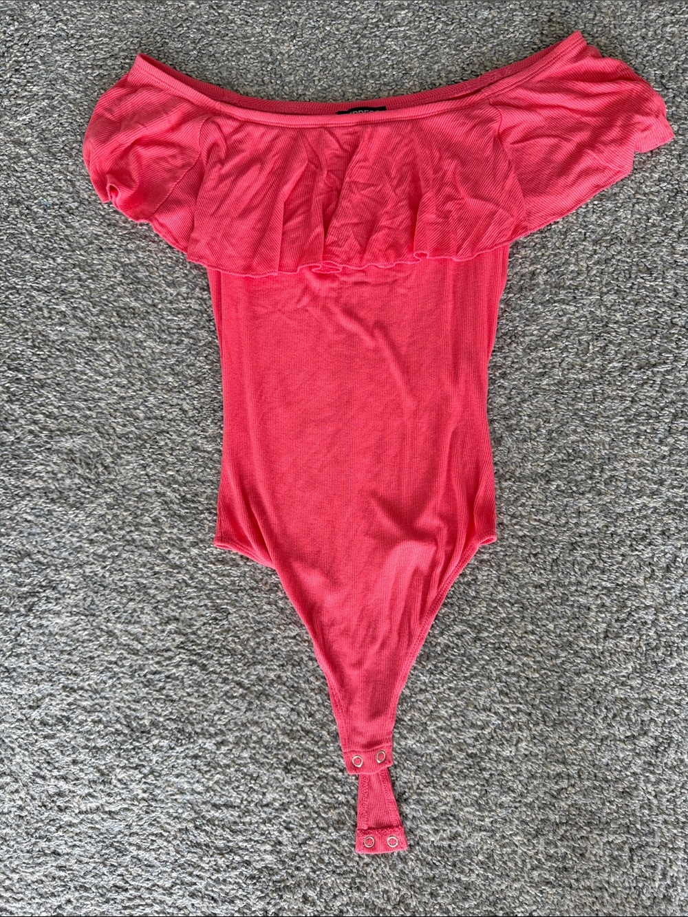 Express Off-Shoulder Ruffle Bodysuit in Coral Pink